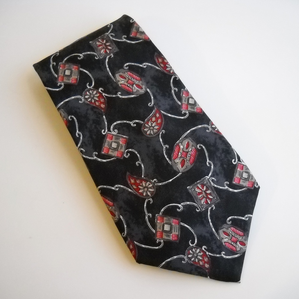 Paisley Scroll Square Neck Tie 100% Italian Silk Black Red Gray Mens Neckwear
